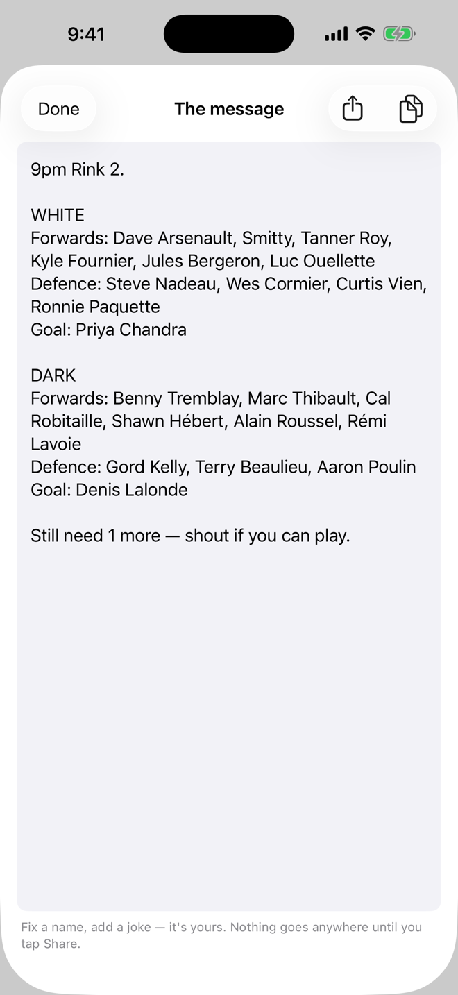 The message — tonight's lineup as plain editable text